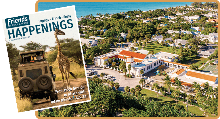 2022 Program Guide cover overlaid on an aerial view of the Friends of Boca Grande Community Center